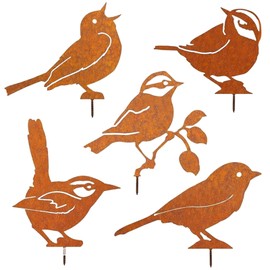 GmwyCzV Pack of 5 Rust Bird Garden Decoration, Outdoor Rust Birds Garden Decoration Spring, Garden Stake, Metal Rust Stake, Weatherproof, for Garden Decoration, Trees, Stakes or Fences.