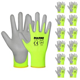 DULFINE Safety Work Gloves for Men PU Coated 12 Pairs Bulk Pack,Hi-Vis Yellow Seamless Knit Glove with thin Polyurethane Coated Smooth Grip on Palm & Fingers,Ideal for General Duty Work (Medium)