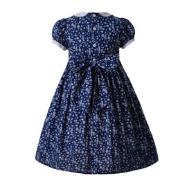 Pettigirl Girls Toddler Vintage Navy Hand Embroidery Bubble Smocked Clothing Ruffle Floral Midi Smock Dresses