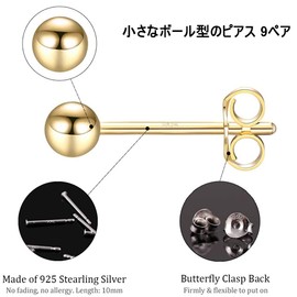Women's Surgical Stainless Steel, Popular, Round Ball Earrings, Metal Allergy, For Both Ears, Popular, Simple Accessories, Birthday, Anniversary, Gift (0.16, 0.16, 0.2, 0.2, 0.2 inches (3, 4, 5 mm), Silver, Black & Gold Set, 9 Pairs