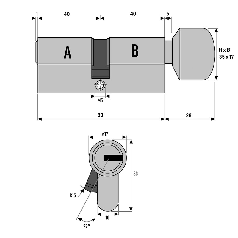 Knob Cylinder KD 80 mm 40/40 with 5 Keys