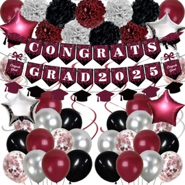 Burgundy Graduation Decorations, 2025 Congrats Maroon Banner Burgundy Black Silver Paper Pompoms Hanging Swirl Star Foil Balloons for College School Graduations Party Decorations