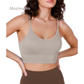 ODODOS 3-Pack Seamless Sports Bra for Women Ribbed Camisoles Non Padding Yoga Bra Crop Tank Tops, Mushroom+Black+White, Large