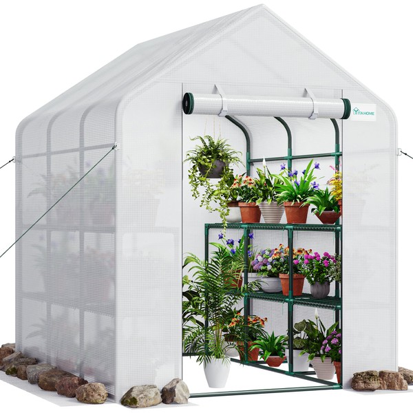 YITAHOME 84x76x56in Walk-in Greenhouse Outdoor 3 Tier 18 Shelves PE Cover Zipper Door Green House Anti Tear Plant Cover w/ Ground Pegs Ropes for Garden, Backyard, White