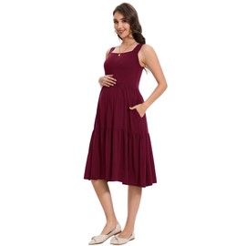 Smallshow Women's Maternity Tank Dress Sleeveless Ruffle Pregnancy Clothes,Maroon,L