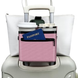 Travel Luggage Cup Holder, Liveagain Drink Caddy, Luggage Cup Holder Attachment, Free Hand Suitcase Drink Carrier for Drinks Beverages, Coffee, Bottles, Snack (Pink)
