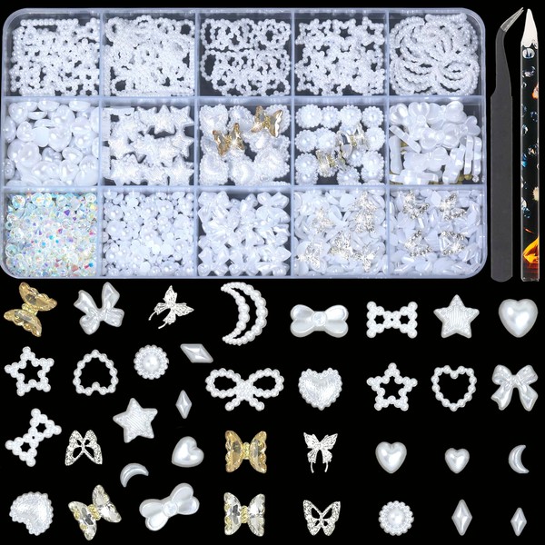 3D Multi Shapes Nail Charms Flatback Pearls Gems Mix White