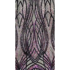 Mia Fabrics Inc. Long Wavy Line Design - Iridescent Purple/ Black - 4 Way Stretch Sequins By Yard