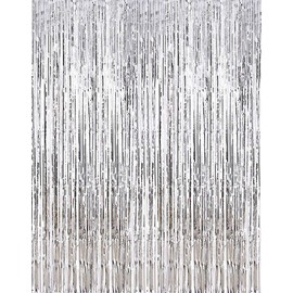 2 Pcs 3.2ft x 8.2ft Shiny Silver Metallic Tinsel Foil Fringe Curtains Photo Booth Backdrop for Birthday Wedding Bridal Shower Holiday Celebration Bachelorette Party Decorations