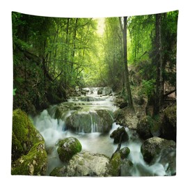 CORFOTO Fabric Forest Waterfall Tapestry Wall Hanging Rocks Moss Waterfall Tapestry Wall Art Tropical Forest Tapestry for Kids Girls Men Bedroom Living Room Dorm Decor Waterfall Backdrop 60x60 in