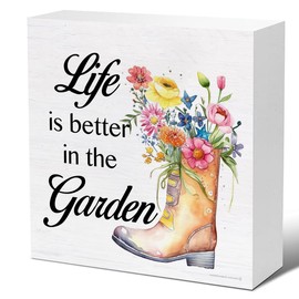 Spring Decor - Spring Decorations - Life Is Better in the Garden Wooden Decorative Sign - Home Garden Decor for Desk Table Shelf 5 x 5 Inches