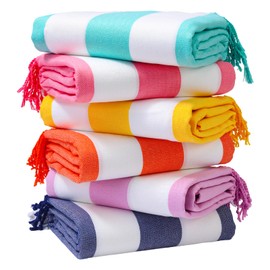 Genovega 6 Oversized Turkish Beach Bath Towel Set Bulk 74"x38" Extra Large Sand Free Quick Dry Swimming Camping Pool Clearance Towels Blanket Essentials Adult Multi Stripes Pink