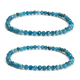 Land Long 2 Pcs/Set 4mm Trendy Natural Blue Apatite Stone Bracelet, Faceted Round Stretch Crystal Beaded Bracelets for Women Men