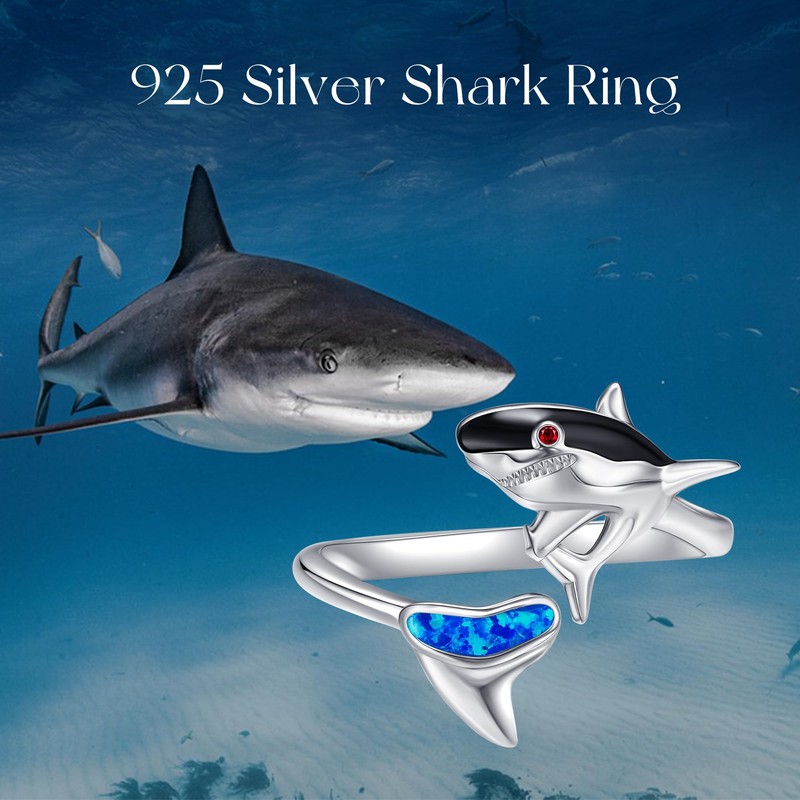 HUKKUN Shark Ring 925 Sterling Silver Adjustable Open Thumb Rings