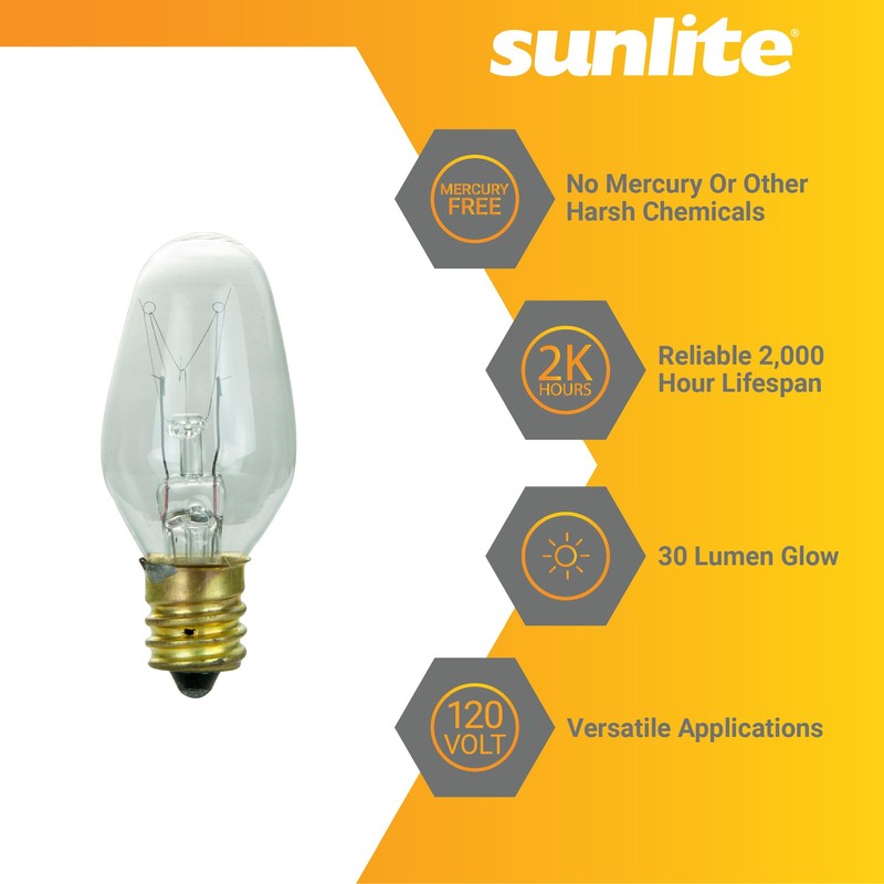 Sunlite 01280 7C7 Incandescent Bulb, 7 Watt, Candelabra E12 Base,