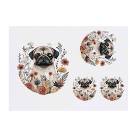 4 x 'Pug with Flowers' Temporary Tattoos - Water Resistant, Skin-Safe, Non-Toxic Transfers, Mixed Sizes (TO00077880)