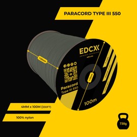EdcX 4mm Nylon Paracord 550 100m (330 feet) - Type III, 100% Nylon Rope, 7 Strand Rope, 4mm Nylon Rope in Solid Colors (Army Green, 100 m)