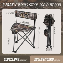 REDCAMP 2 Pack Tall Tripod Chairs for Adults, Folding Lightweight Portable Golf Chairs for Spectators, Compact 3 Legged Tripod Stools Seat with Backrest for Camping Fishing Hunting, Camo
