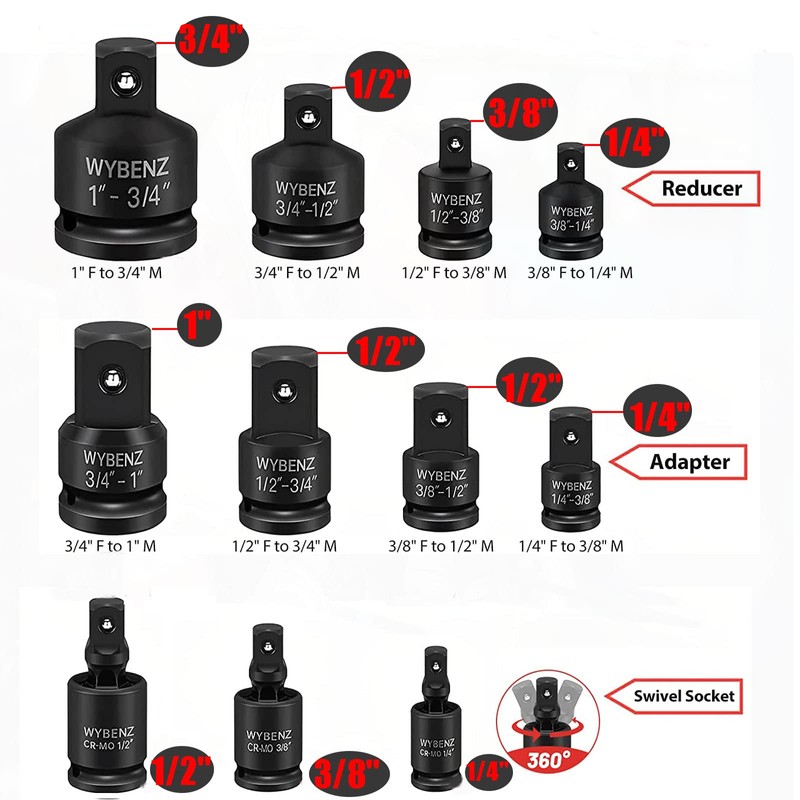 11PCS Impact Socket Adapter and Reducer Set, 1/4" 1/2" 3/8"