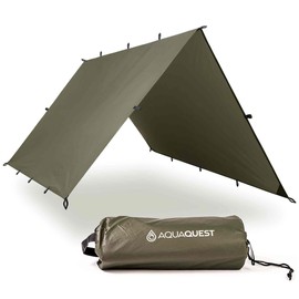 AquaQuest Defender Camping Tarp - Heavy Duty Tent Shelter or Rain Fly - Waterproof Camping Essentials for Hiking, Bushcraft & Hammock, 10 x 7 ft, Olive Drab