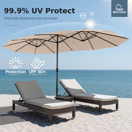 MFSTUDIO 15ft Patio Umbrella with Base Included, Outdoor Double Sided Large Rectangular Market Umbrellas with Crank Handle for Deck Pool Shade, Beige