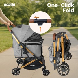 Neatki Foldable Pet Stroller for Dogs and Cats, 70 lbs Capacity, 360° Swivel Front Wheels, One-Click Fold, Brake System, Leash & Lock Clips, Removable Washable Padding, and Cup Holder (Gray, 70 lbs)
