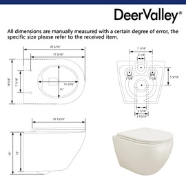DeerValley In Wall Toilet Bowl, Elongated Wall Hung Toilet, Wall Mounted Toilet with Soft Close Seat, 1.1GPF/1.6 GPF Dual Flush, Compact One Piece Toilet for Bathroom,Biscuit (Only Bowl)