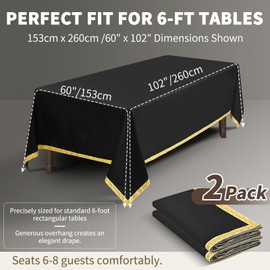 Teruntrue 2 Pack Black Tablecloths 153x260cm Polyester Rectangle Table Cloth for 6ft Tables,Gold-thread Jacquard Trim Design, Wrinkle Resistant Washable Table Clothes for Wedding,Party,Banquet