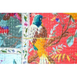 100% Cotton Kantha Handmade Rallies Reversible Bohemian Bedspread Ethnic Kantha Indian Patchwork Unique Bedding Mix Blanket Quilt (Bird Lace Patch, 6090 Inches)