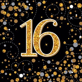 Oaktree Sparkling Fizz 16th 33 x 33 cm 3 Ply Napkins Black and Gold (Pack of 16)