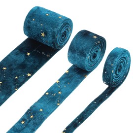 sourcing map 3 Roll 1 Yard 3 Sizes Velvet Ribbons, Double Faced Craft Trims Ribbon with Star for Sewing Gift Wrapping, Party Wedding Decor, DIY Bow Ornament, Peacock Blue (3/8", 1", 2")