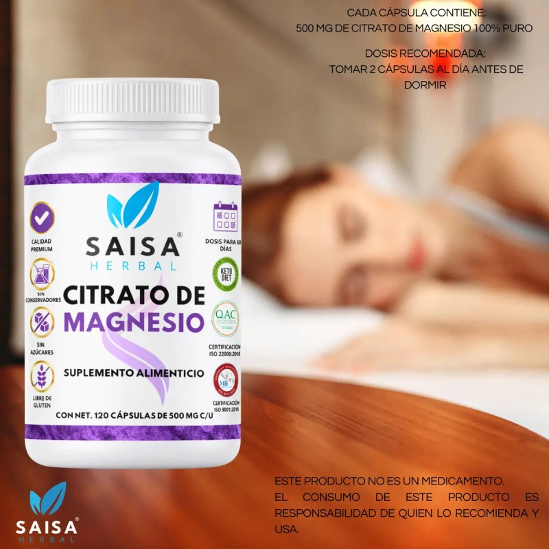 Citrato Magnesio 120 Cápsulas 500 Suplemento Alimenticio Alta Biodisponibilidad Saisa