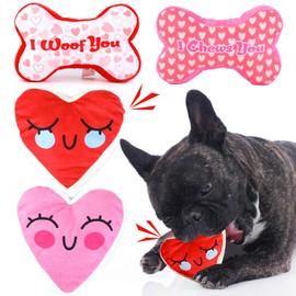 Mruq pet Valentine's Day Dog Toys, 4pcs Cute Fun Interactive Plush Squeaky Dog Toys, Red and Pink Bone and Heart Gifts Puppy Dog Teething Chew Toys for Small Medium Pet Dogs Teeth Cleaning
