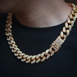 richhut Gold Chain for Men Guys ●Big Dog● 20MM Wide Cuban Link Chain Gold Tone Iced Out 18k Real Gold Plated Necklace Handset Diamonds Clasp 30" Gift for Boyfriend Husband