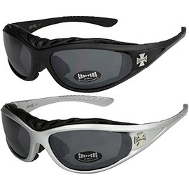 2-Pack Choppers Foam Padded Sunglasses Goggles Motorbike Motorcycle Sport Bike Glasses - 1x Model 01 (black/tinted black) and 1x Model 04 (silver/tinted black) - Model 01 + 04 -