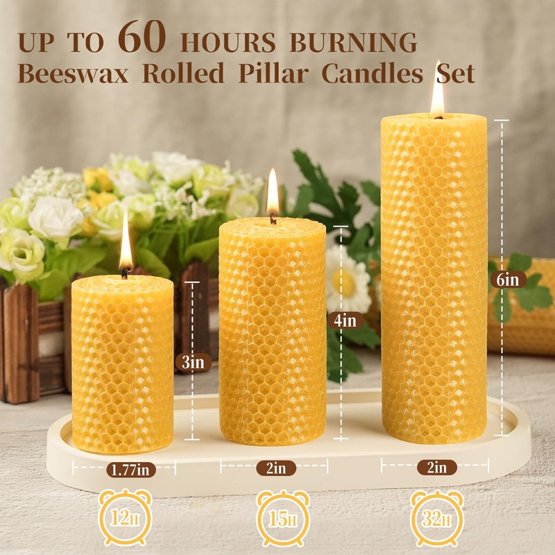 Pure Beeswax Pillar Candles,3 Pack Hand-Rolled Natural Beeswax Candles(1.77x3in,2x4in,2x6in) 60
