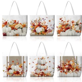 Bencailor 6 Pcs Fall Canvas Tote Bags Thanksgiving Pumpkin Maple Leaf Tote Pouch Aesthetic Reusable Grocery Bags for Women(White,Pumpkin)
