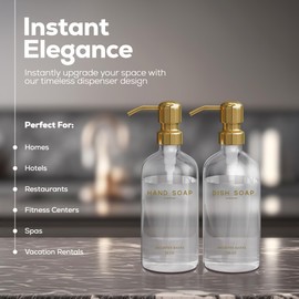 Luxury Glass Soap Dispenser Set by Brighter Barns - Hand and Dish Soap Dispenser for Kitchen Sink - Kitchen Soap Dispenser Set & Pump - Modern Gold Kitchen Decor and Accessories (Gold)