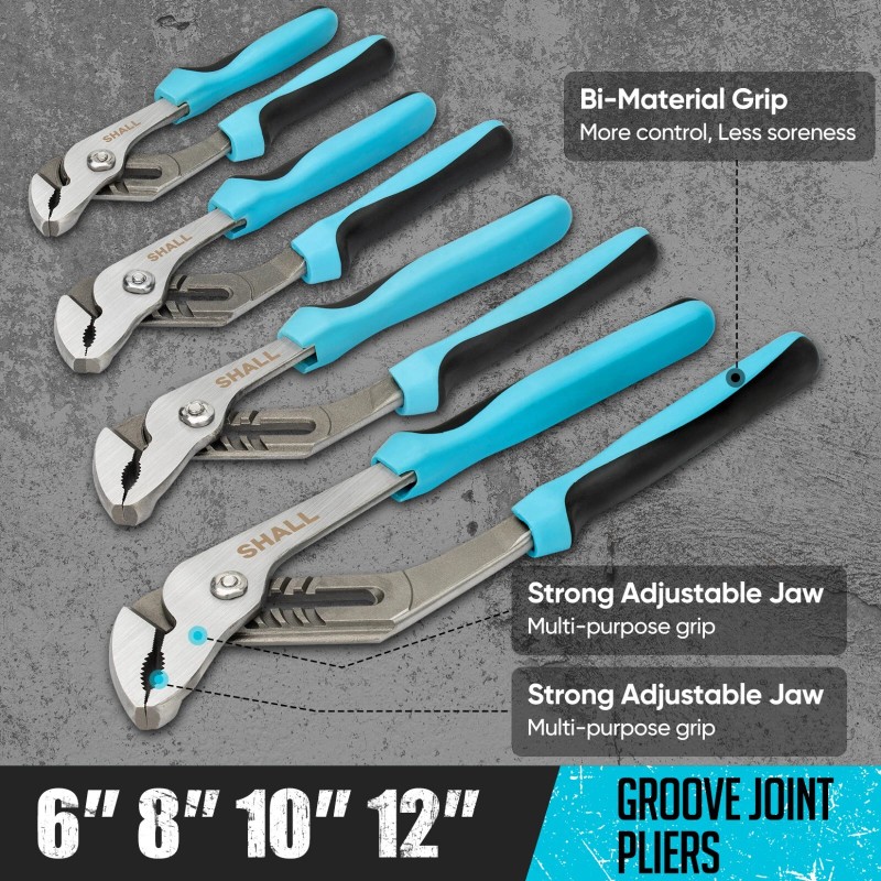 SHALL 8-Piece Adjustable Wrench & Water Pump Pliers Set, 12/10/8/6