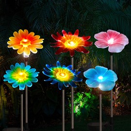 6 Pack Solar Garden Lights Outdoor Decor,Stake Yard Figurine Colorful Flower Light, Housewarming Ornament for Patio, Lawn, Yard, Pathway (Art Deco)