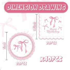 40pcs Pink Bow Birthday Party Supplies Coquette Birthday Decorations Pink Bow Plates and Napkins for Girl Bow Theme Party Baby Shower Bridal Bachelorette Party,Suitable for 20 Guests