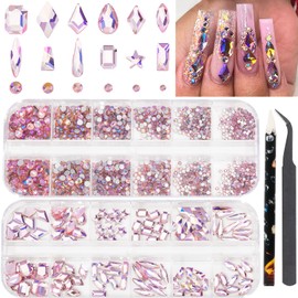 HNUIX Nail Rhinestones - Light Pink AB, Multi Shapes, Round Flatback Gems 2920Pcs Diamonds Kit