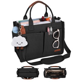 BESBESME Canvas Tote Bag for Women with Zipper & Compartments– Large Multi-Pocket Work & College Crossbody Shoulder Bag, Detachable Strap, Laptop Purse for Teachers, Nurses, Travel,Church