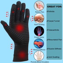 2 Pairs Arthritis Gloves for Women Men, Compression Gloves for Rheumatoid Carpal Tunnel, Joint Pain, Tendonitis, Trigger Finger, Hand Support, Full Finger Copper Gloves with Touch Screen (Large)