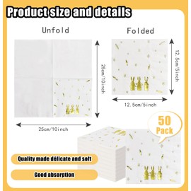 HEIPINIUYE 50 Pieces 3-ply Easter Napkins with Gold Foil Rabbit Carrot Cocktail Napkins Disposable Paper Napkins for Birthday Easter Party Paper Dinner Napkins
