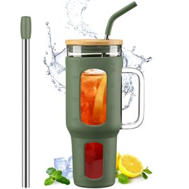 WINSA WINSA Glass Tumbler with Lid and Straw, 46 oz Iced Coffee Cup with Handle, Glass Water Bottles with Silicone Sleeve, Glass Cup with Straws - Pearl Straw & Drinking Straw BPA Free-Olive