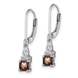 Solid Real 925 Sterling Silver Chocolate Brown Smoky Quartz and Diamond Earrings - 26mm x 5mm