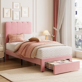 GarveeHome Twin Bed Frame with Under-Bed Drawer, Pink Velvet Upholstered Platform Bed with Wave Headboard for Kids/Girls, Wooden Slats Support, No Box Spring Needed, Pink