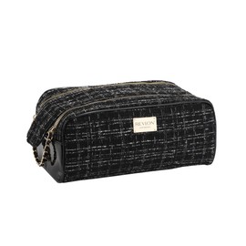 REVLON Tweed Makeup Bag - Small Makeup Pouch, Dual Zipper with Chain Makeup Case, Travel Makeup Organizer, Cosmetic Bag, Mini Makeup Case with Pockets, Toiletry Bag with Vinyl Base, Black