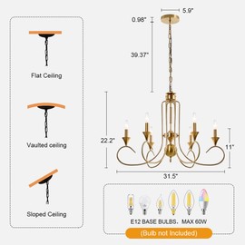 Ahaloye Gold Candle Chandelier 6-Light Modern Farmhouse Industrial Hanging Light Rustic Pedant Lighting Fixture for Dining Room, Kitchen, Foyer, Entryway, Living Room